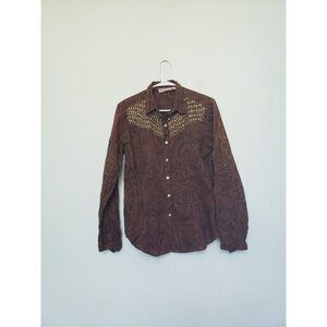 Pink Cattlelac Women M Shirt Western Studded Gold Brown Paisley Floral Cowgirl